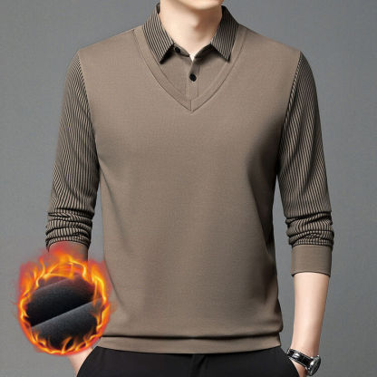 Men's Fleece Lined Faux Two-Piece Striped Polo Shirt – Thickened Knit Long Sleeve for Fall/Winter, Trendy and Warm, Perfect for Casual or Semi-Formal Wear