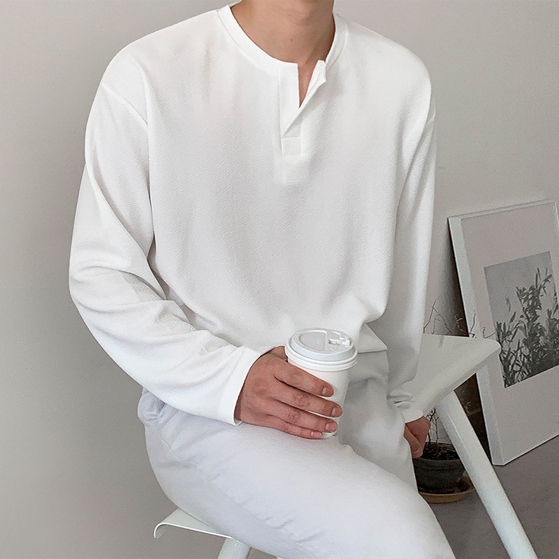 Men's Long Sleeve T-Shirt – Spring Autumn Loose Casual Cotton Tee, Korean Trendy White Basic Top