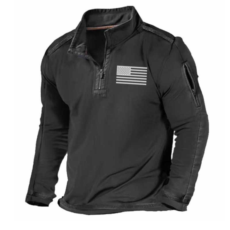 Men's USA Flag Graphic Pocket Pullover American Patriotic 1/4 Zip Stand Collar Long Sleeve Sweatshirts