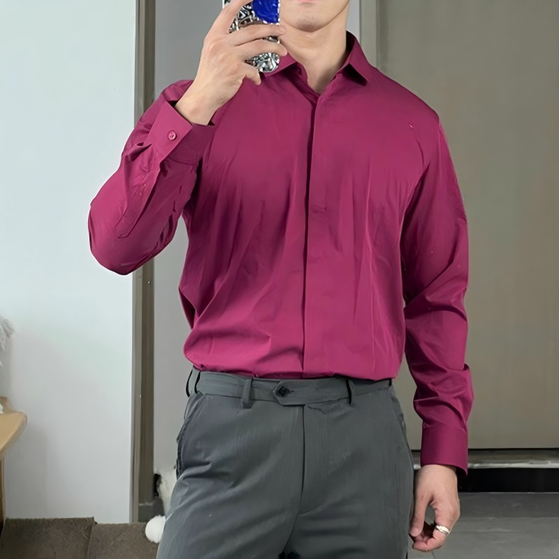 Men's Premium Solid - Color British - Inspired Long - Sleeve Shirt: Hidden Placket, Wrinkle - Resistant, Lightweight Business Casual