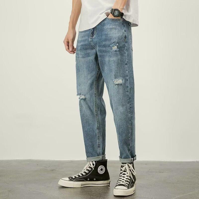 American Streetwear Light Wash Jeans: Loose Straight, Ripped 33.4 Inch Tapered, Stretch Summer Denim
