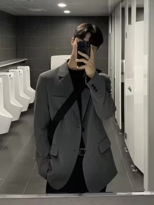 Men's Casual Blazer Jacket, Trendy Black Slim-Fit Suit Coat, Loose-Fit Autumn Fashion Single Breasted Outerwear