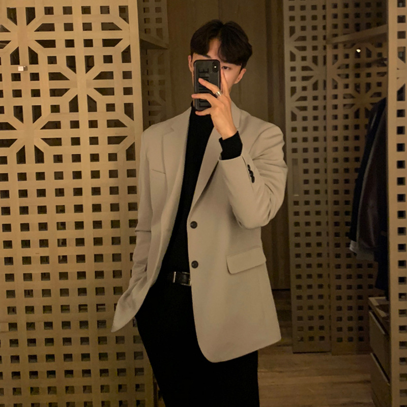 Men's Casual Blazer Jacket, Trendy Black Slim-Fit Suit Coat, Loose-Fit Autumn Fashion Single Breasted Outerwear