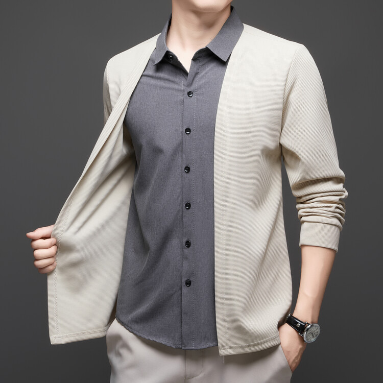 Men's Faux Two-Piece Cardigan – Lightweight Luxury Spring/Autumn Business Jacket with Folded Collar, New Arrival
