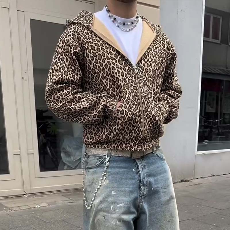 Y2K Vintage Leopard Print Hoodie – Couples Harajuku Hip-Hop Zip & Pullover Sweatshirt, Streetwear Style for Unisex