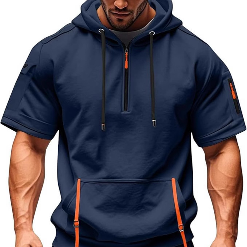 Urban Street Men's Short Sleeve Hoodie,Half-zip closure and multi-function pockets for a sporty, trendy look