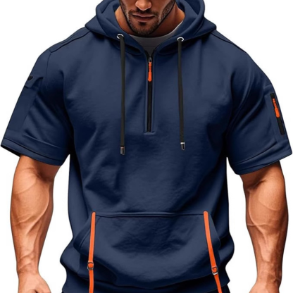 Urban Street Men's Short Sleeve Hoodie,Half-zip closure and multi-function pockets for a sporty, trendy look