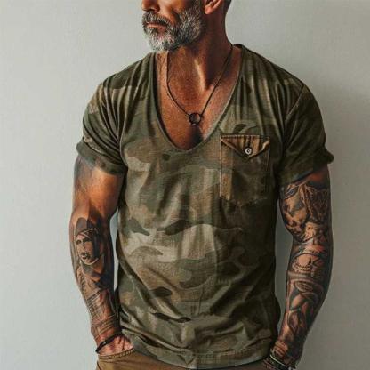 Men's Casual Camo V - Neck Short - Sleeve Top: Faux Cotton, Chest Pocket & Rolled Cuffs