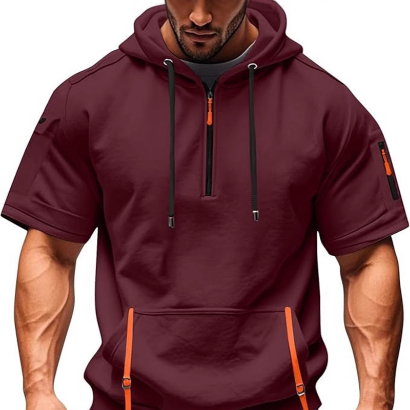 Urban Street Men's Short Sleeve Hoodie,Half-zip closure and multi-function pockets for a sporty, trendy look