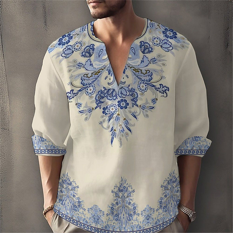 Men's Casual Camo V - Neck Short - Sleeve Top: Faux Cotton, Chest Pocket & Rolled Cuffs