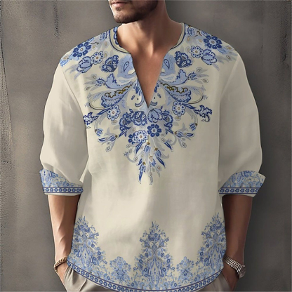 Men's Casual Camo V - Neck Short - Sleeve Top: Faux Cotton, Chest Pocket & Rolled Cuffs