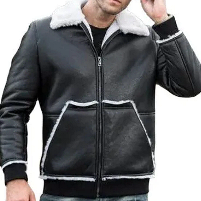 Fur integrated pocket casual threaded leather jacket