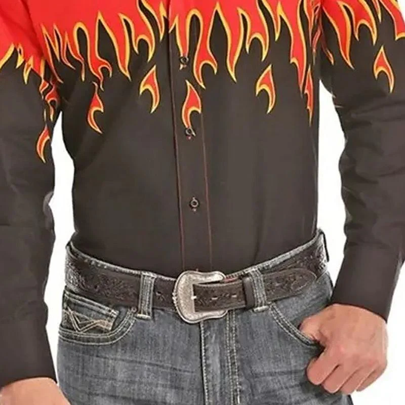 Men's Flame Print Resort Lapel Long Sleeve Shirt