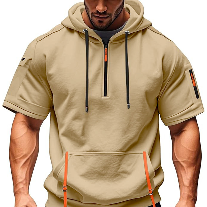 Urban Street Men's Short Sleeve Hoodie,Half-zip closure and multi-function pockets for a sporty, trendy look