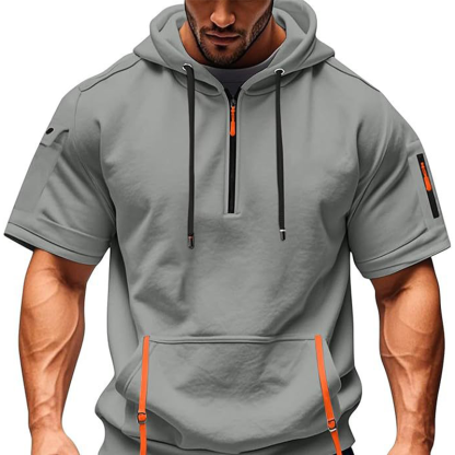 Urban Street Men's Short Sleeve Hoodie,Half-zip closure and multi-function pockets for a sporty, trendy look