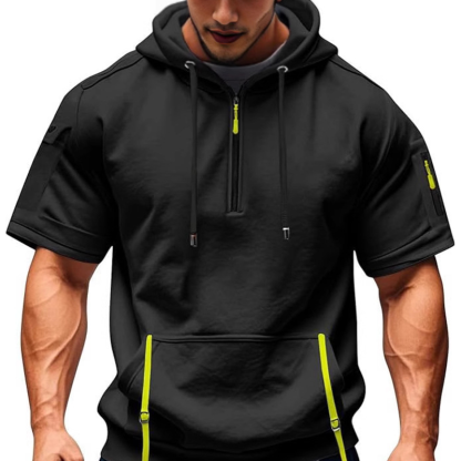 Urban Street Men's Short Sleeve Hoodie,Half-zip closure and multi-function pockets for a sporty, trendy look