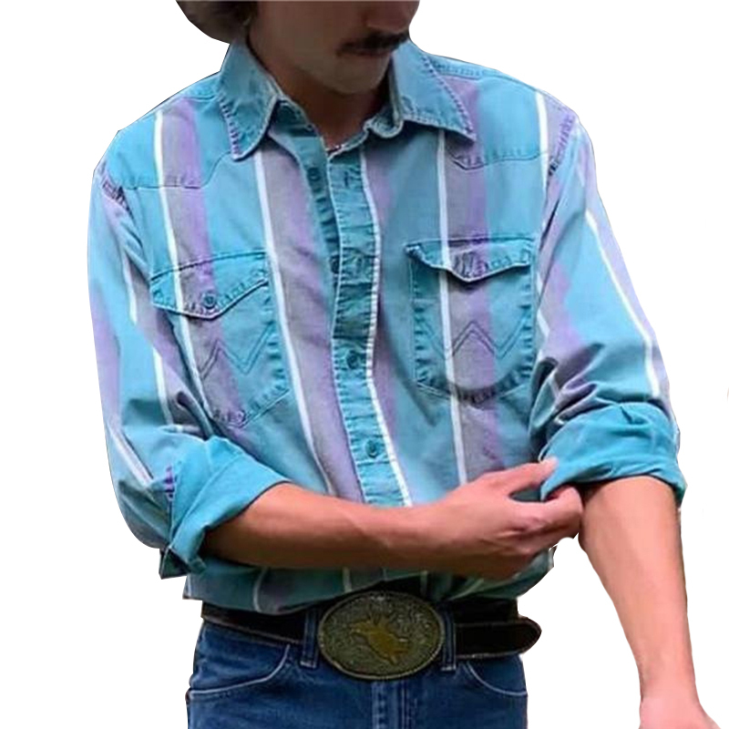 Men's Retro Color Block Stripe Printed Loose Long Sleeve Shirt 