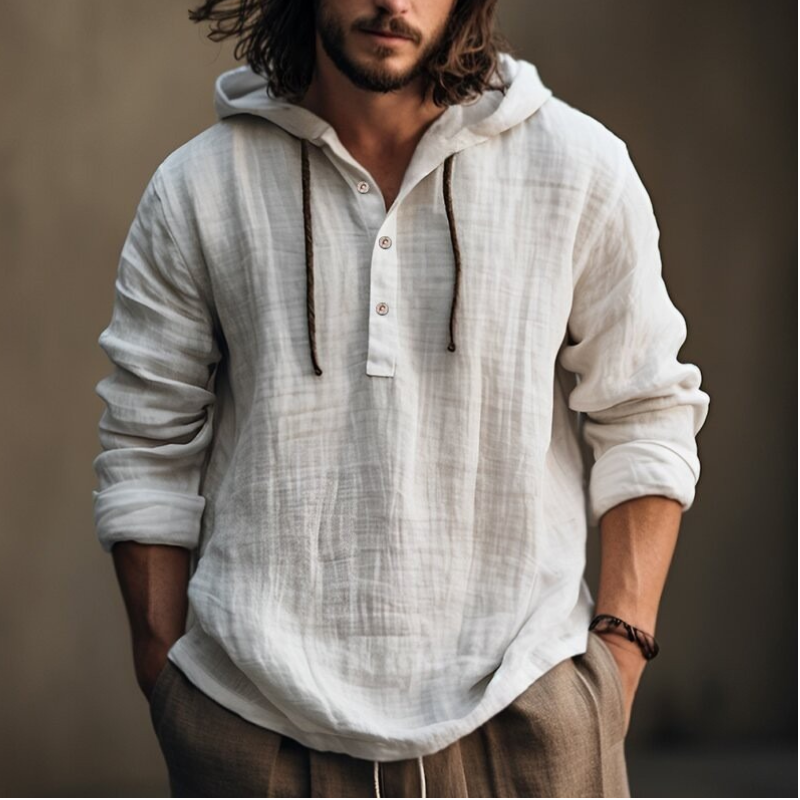 Relaxed Fit Men's Linen - Cotton Hooded Shirt: Long - Sleeve, Henley Design for Spring & Summer