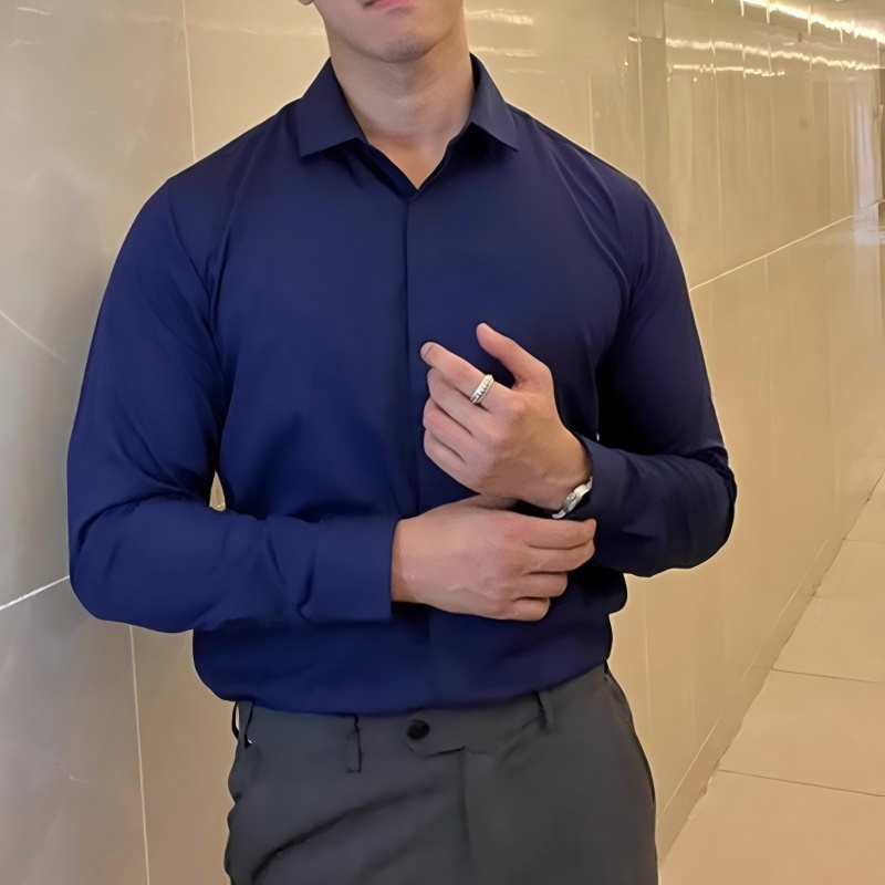 Men's Premium Solid - Color British - Inspired Long - Sleeve Shirt: Hidden Placket, Wrinkle - Resistant, Lightweight Business Casual