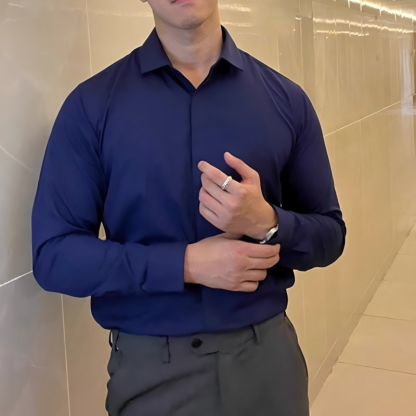 Men's Premium Solid - Color British - Inspired Long - Sleeve Shirt: Hidden Placket, Wrinkle - Resistant, Lightweight Business Casual