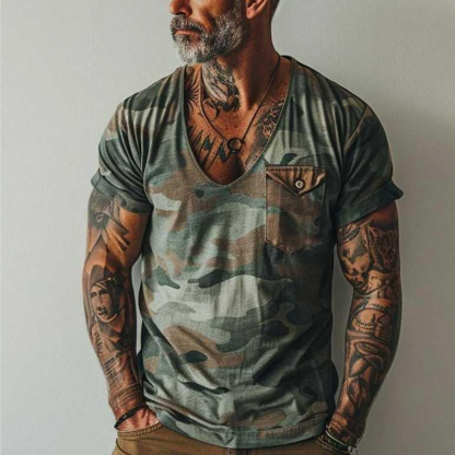 Men's Casual Camo V - Neck Short - Sleeve Top: Faux Cotton, Chest Pocket & Rolled Cuffs