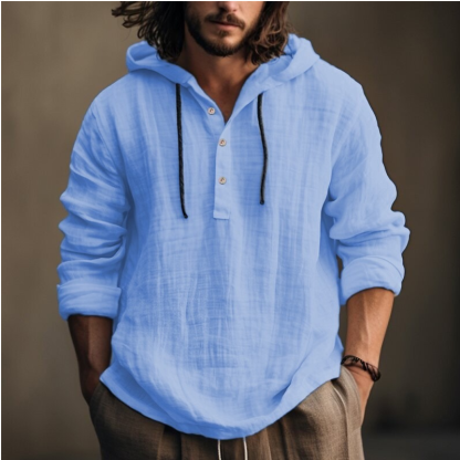 Relaxed Fit Men's Linen - Cotton Hooded Shirt: Long - Sleeve, Henley Design for Spring & Summer