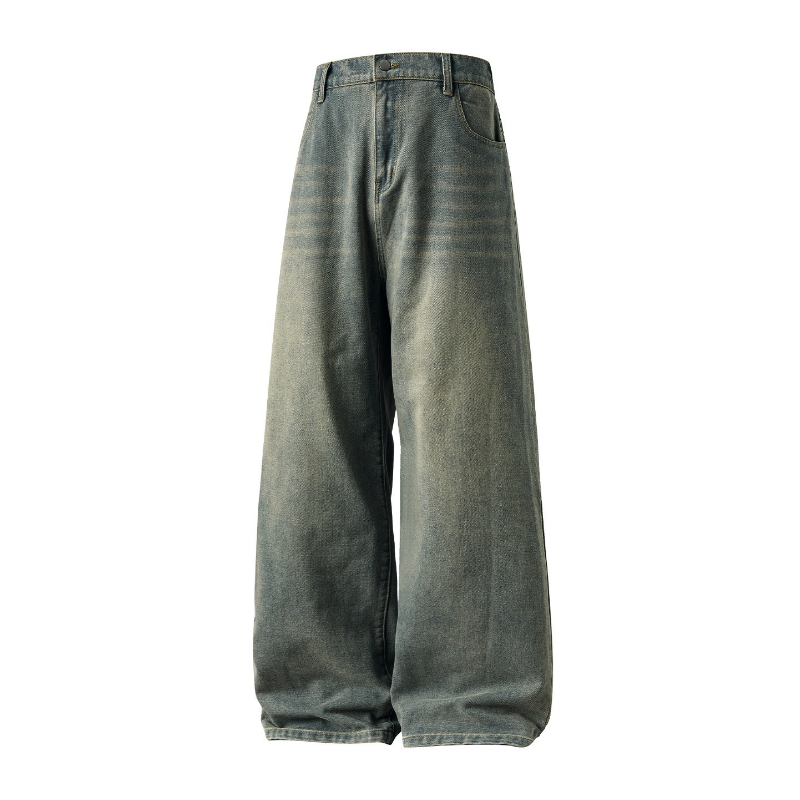 American - Inspired Men's Fall Jeans: Vintage - Washed, Straight - Cut, Loose Long Denim Trousers