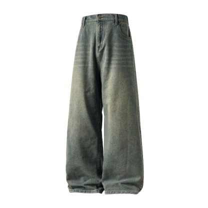 American - Inspired Men's Fall Jeans: Vintage - Washed, Straight - Cut, Loose Long Denim Trousers