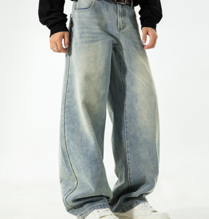 American - Inspired Men's Fall Jeans: Vintage - Washed, Straight - Cut, Loose Long Denim Trousers