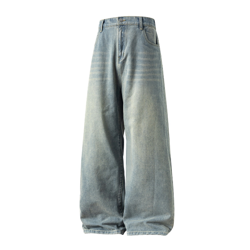 American - Inspired Men's Fall Jeans: Vintage - Washed, Straight - Cut, Loose Long Denim Trousers