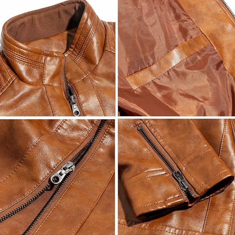 Men's Stand Collar Leather Jacket Motorcycle Lightweight Faux Leather Outwear