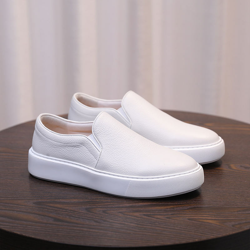 Men's Genuine Leather Casual White Loafers Slip-On Sneakers