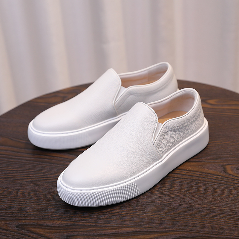 Men's Genuine Leather Casual White Loafers Slip-On Sneakers