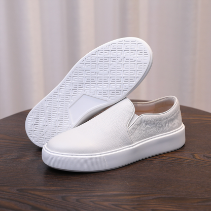 Men's Genuine Leather Casual White Loafers Slip-On Sneakers