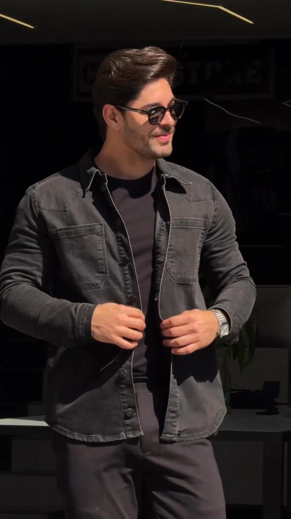 Men's Long-Sleeved Heavy Washed Distressed Lapel Casual Cotton Shirt Jacket