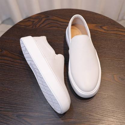 Men's Genuine Leather Casual White Loafers Slip-On Sneakers