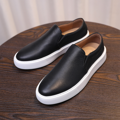 Men's Genuine Leather Casual White Loafers Slip-On Sneakers