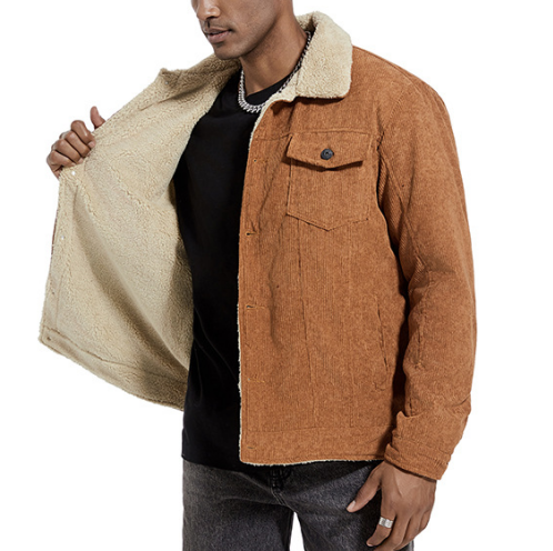 Men Flap Pocket Teddy Lined Corduroy Jacket