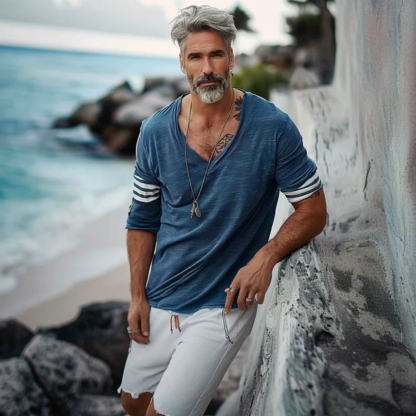 Men's Loose V-Neck Striped Patchwork Long-Sleeved T-Shirt