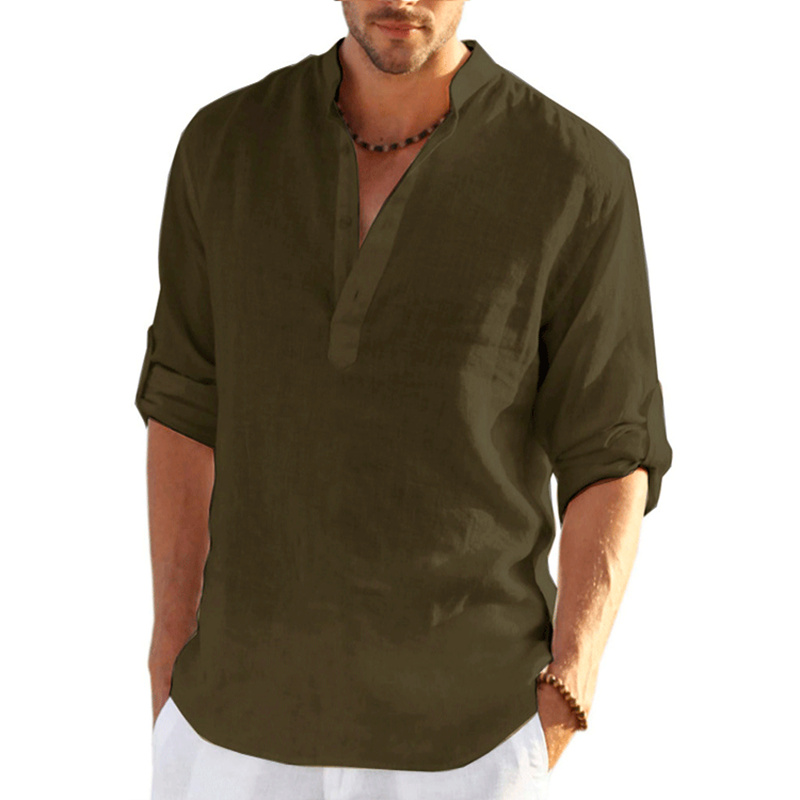Men's Collar Linen-Cotton Shirt - Breathable Long Sleeve Minimalist Shirt for Casual & Business Wear