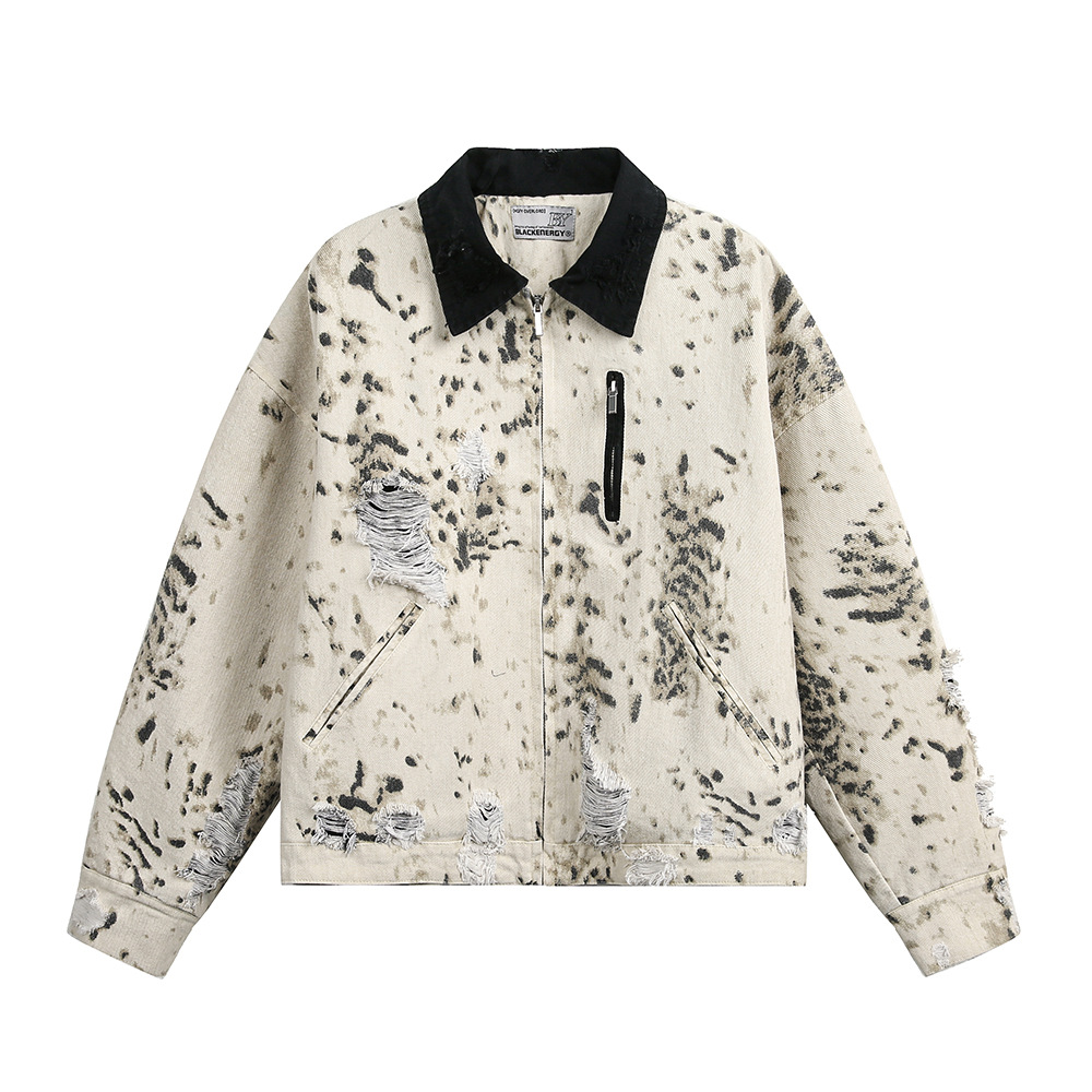 Punk Distressed Tie-Dye Leopard Print Denim Jacket For Men