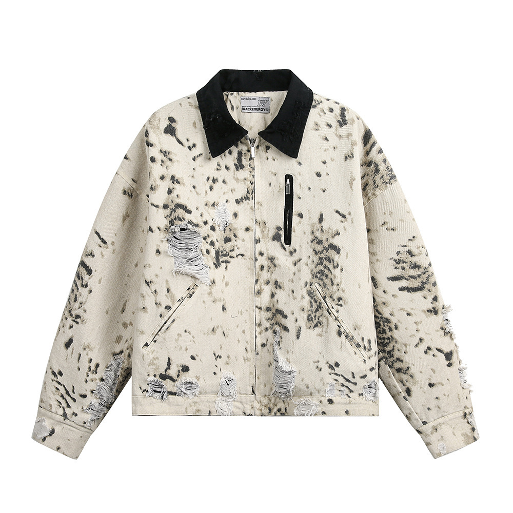 Punk Distressed Tie-Dye Leopard Print Denim Jacket For Men