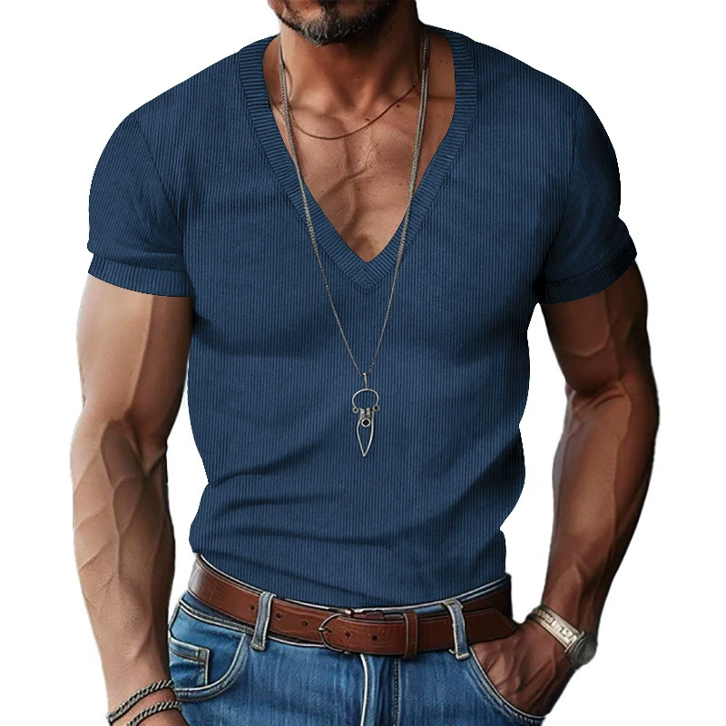 Men's Slim Fit Ribbed V-Neck Tee - Solid Breathable Summer Casual Shirt