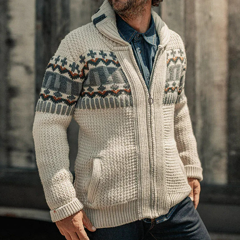 Retro Geometric Pattern Lapel Zip-Up Knitted Jacket