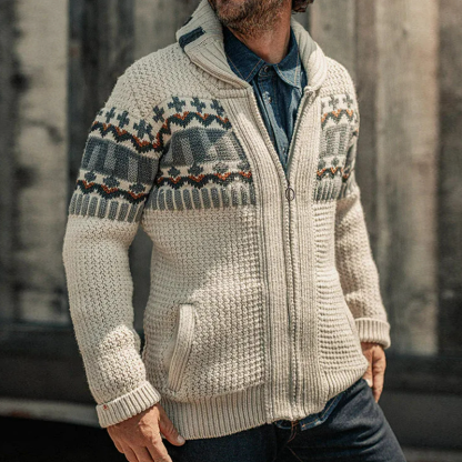 Retro Geometric Pattern Lapel Zip-Up Knitted Jacket