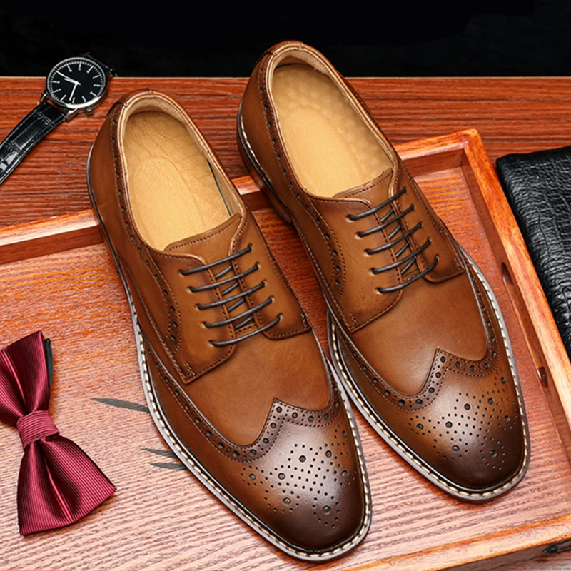 Handcrafted Men's Brogue Oxford Dress Shoes，Genuine Leather Derby Wedding Shoes For Grooms & Formal Events