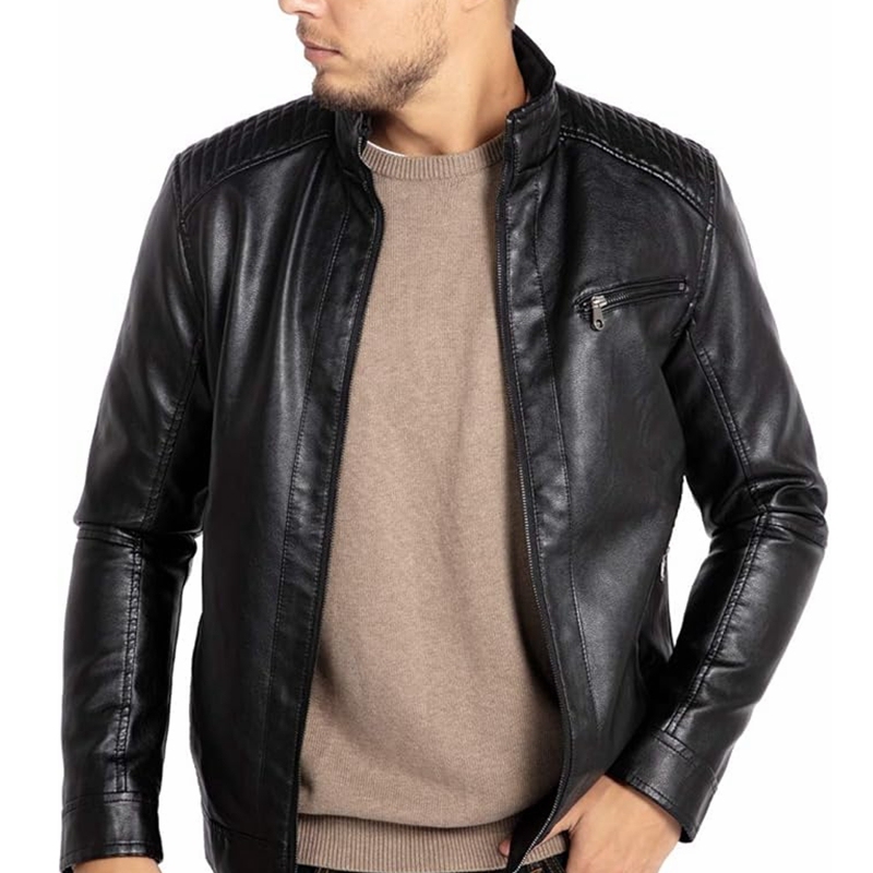 Men's Stand Collar Leather Jacket Motorcycle Lightweight Faux Leather Outwear
