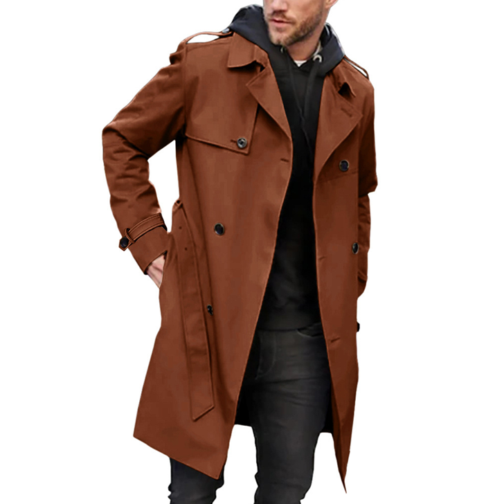 Men's Trench Coat Slim fit Double Breasted Belted Windbreaker Lapel Casual Windproof Overcoat