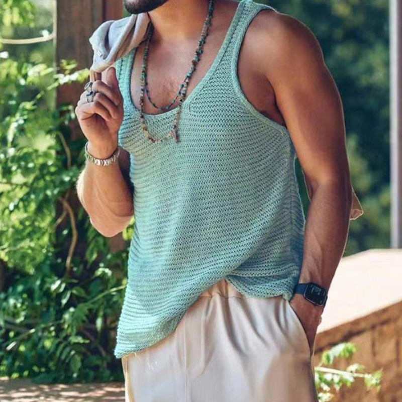Men's Solid Color Breathable Knit Vest，Lightweight Summer Sleeveless Top For Casual Streetwear