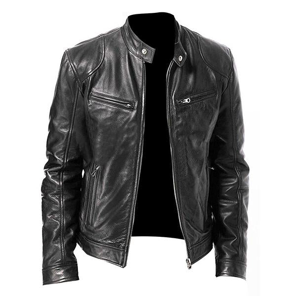 Men's Stand Collar Slim Fit Zip Pocket Leather Jacket